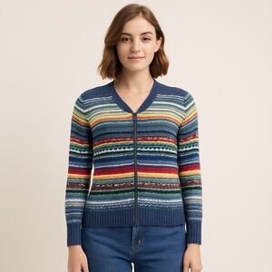 VTG Y2K Women’s Small‎ Tiara Multicolor Striped Zip Cardigan Ramie Cotton